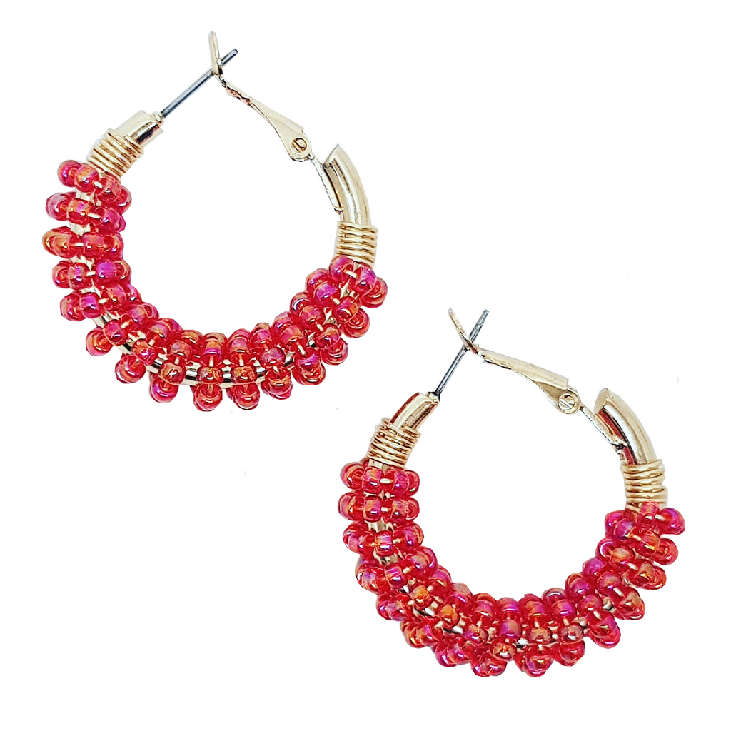 opaque crimson | beaded indie hoop earrings